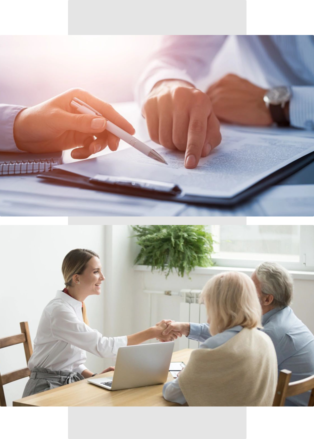 Two pictures of people at a table and one picture is of them shaking hands.